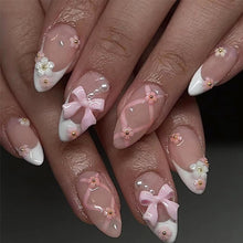 Load image into Gallery viewer, Secret Lives Glossy Reusable Artificial Translucent Pink Color with 3D Bow &amp; 3D Flower Design Press on nails 24 Pieces Set with Kit

