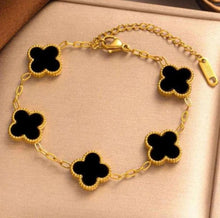 Load image into Gallery viewer, Inventive arts Latest Anti-Tarnish Gold Plated Clover Korean Bracelets Stylish Arm Cuff Black kada for Women &amp; Girls (Contemporary)
