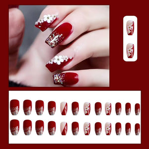 Gloss & Go 24 Reusable Artificial Fake Nail Set| Maroon Color With 3D White Flower Nails With Golden Glitter Glossy Nails| Lightweight & Long Lasting| Quick Fix For Festivals & Special Occasions