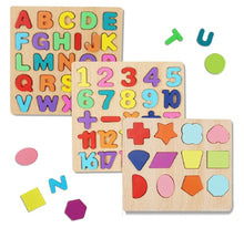 Load image into Gallery viewer, Chocozone Wooden Learning Educational Game Board for Kids, Puzzle Toys for 2 Years Old Boys &amp; Girls (Alphabets, Numbers &amp; Shapes)
