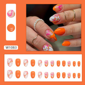 Flower Design Orange Shade Press On Nails / False Nails / Ready to Wear Nails / Glue on Nails For Girls and Women - 14 Pcs