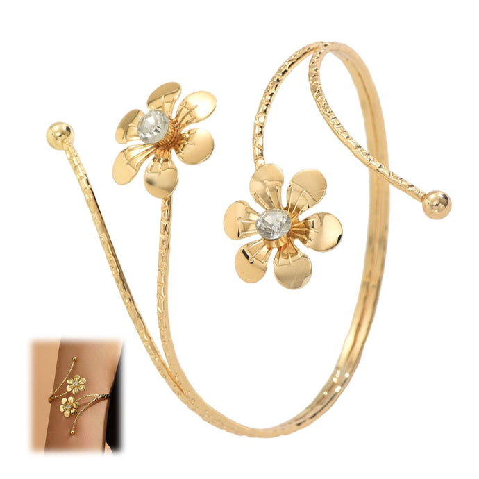 Arm Cuff Jewellery for Women, Elegant Gold Dual Flower Arm Bracelet, Stylish Upper Arm Accessory Perfect for Parties Weddings Evening Events