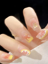 Load image into Gallery viewer, Secret Lives Acrylic Fake Reusable False Artifical Press On Nails Translucent Lemon Design With Red Color Path And Glitter Design 24 Pieces Kit

