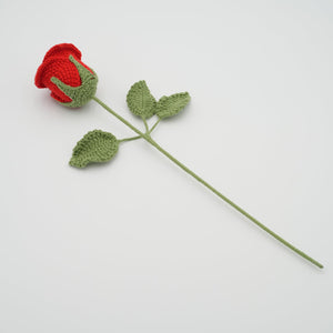 Handmade Crochet Rose with Leaves and Long Stem Best Gift for Valentine's Day＆New Year Suitable for Anniversaries Birthday Celebrations (Red, 2.5" Diameter)