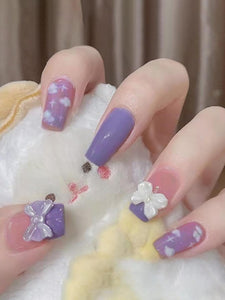 Secret Lives Glossy Reusable Artificial Translucent Purple Color with Cloud Patches & 3D Bow Luxury Reusable Press on Nails with Kit
