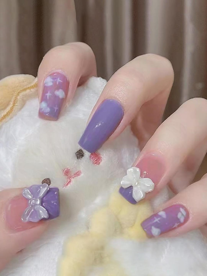 Secret Lives Glossy Reusable Artificial Translucent Purple Color with Cloud Patches & 3D Bow Luxury Reusable Press on Nails with Kit