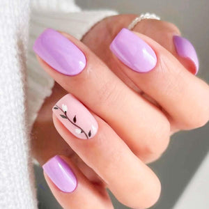 Leaf Print Light Purple Sober Press On Nails / False Nails / Ready to Wear Nails / Glue on Nails For Girls and Women - 14 Pcs