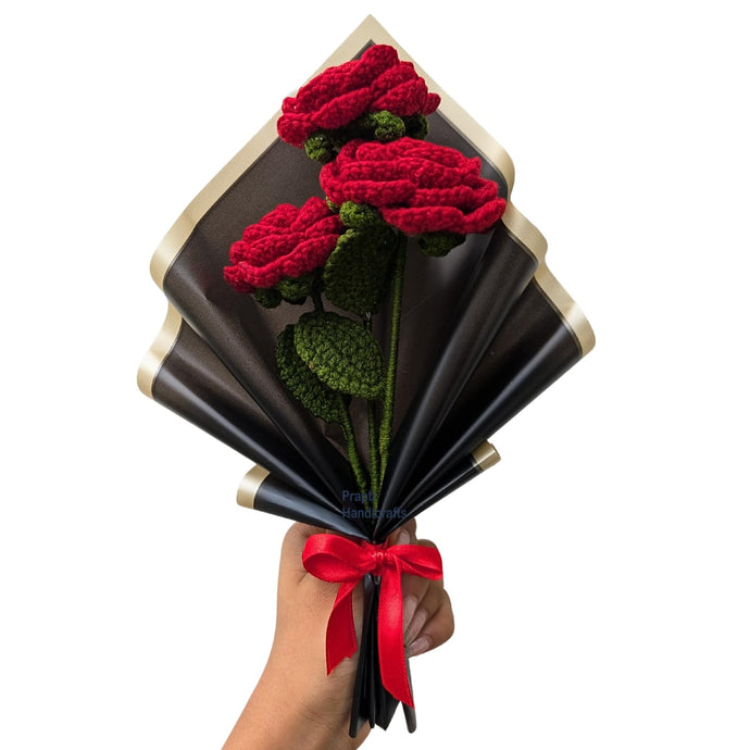 Handmade Crochet Red Roses Bouquet, Artificial Forever Flowers, Gift for Anniversary, Birthday, Valentine's Day
