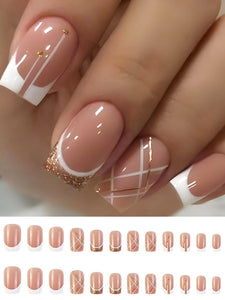 Secret Lives Artifical Fake Reusable False Acrylic Press On Nails French Nails With Golden Glitter And Check Design 24 Pieces With Kit