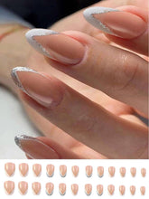 Load image into Gallery viewer, Secret Lives Reusable Artificial Round Shape Skin &amp; White Color with Silver Glitter Design Fake False Premium Press On Nails 24 PCS with Kit
