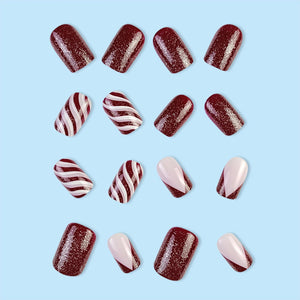 Dual Shade Stripes Design Light maroon Press On Nails / False Nails / Ready to Wear Nails / Glue on Nails For Girls and Women - 14 Pcs