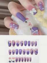 Load image into Gallery viewer, Secret Lives Glossy Reusable Artificial Translucent Purple Color with Cloud Patches &amp; 3D Bow Luxury Reusable Press on Nails with Kit
