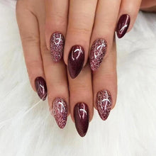 Load image into Gallery viewer, Gloss &amp; Go 24 Reusable Artificial Fake Nail Set| Wine Color With Wine Glitter Almond Nails| Lightweight &amp; Long Lasting| Easy To Use| Quick Fix For Festivals &amp; Special Occasions
