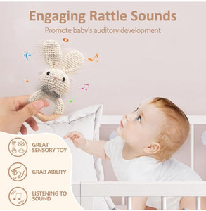 Handmade Crochet Baby Bunny Rattle and Teething Ring | Off-White| Music Shaker for Rattle Hand Grip | Eco-Friendly | (3+Months)