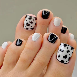 Black and White Cow print Toe Nails Press On Nails / False Nails / Ready to Wear Nails / Glue on Nails For Girls and Women - 14 Pcs
