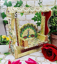 Load image into Gallery viewer, Anshika International Beautiful Wooden Handicraft Peacock Meenakari Jhula for Laddu Gopal/Bal Gopal Idol/Krishana Jhula/Jhoola/Laddu Gopal for Home Temple (8.5 inch|White)
