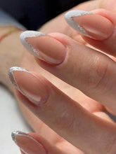 Load image into Gallery viewer, Secret Lives Reusable Artificial Round Shape Skin &amp; White Color with Silver Glitter Design Fake False Premium Press On Nails 24 PCS with Kit
