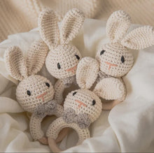 Load image into Gallery viewer, Handmade Crochet Baby Bunny Rattle and Teething Ring | Off-White| Music Shaker for Rattle Hand Grip | Eco-Friendly | (3+Months)
