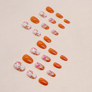 Flower Design Orange Shade Press On Nails / False Nails / Ready to Wear Nails / Glue on Nails For Girls and Women - 14 Pcs