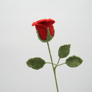 Handmade Crochet Rose with Leaves and Long Stem Best Gift for Valentine's Day＆New Year Suitable for Anniversaries Birthday Celebrations (Red, 2.5" Diameter)