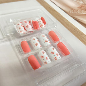 Peach with White shade and Flower Dots Print Press On Nails / False Nails / Ready to Wear Nails / Glue on Nails For Girls and Women - 14 Pcs
