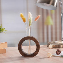 Load image into Gallery viewer, TIED RIBBONS Decorative Glass Test Tube with Donut Wooden Holder Vase for Flower Plants Home Decor Office Living Room Bedroom Table Gifts Decoration Items (Brown, 13.9 cm x 11.4 cm)
