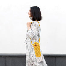 Load image into Gallery viewer, Crochet Sling Bottle Bag Handmade Cotton Water &amp; Wine Bottle Holder (1 Litre) Eco-Friendly Reusable Gift Bag for Travel, Office, Picnic, Gym Yellow &amp; Off White
