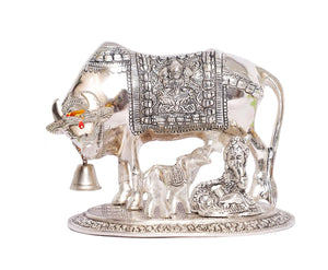 KridayKraft Kamdhenu Cow,Calf with Bal Gopal Krishna Metal Statue for Good Luck,Feng Shui As Table Top Figurine,Vastu,Religious Gau MATA Idol Home,Office&Table Decorative,Animal,17 Cm,13.5 Cm,Silver