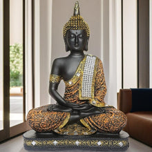 Load image into Gallery viewer, Global Grabbers New 25 Centimetre Meditating Sitting Buddha Statue showpiece Idol Home Decor Items for Living Room and Gifts (1, Orange Black)
