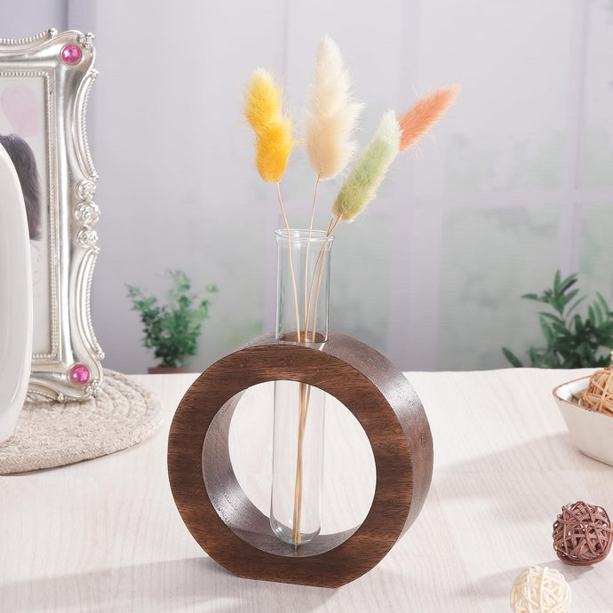 TIED RIBBONS Decorative Glass Test Tube with Donut Wooden Holder Vase for Flower Plants Home Decor Office Living Room Bedroom Table Gifts Decoration Items (Brown, 13.9 cm x 11.4 cm)
