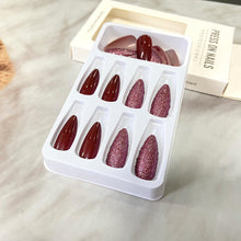 Load image into Gallery viewer, Gloss &amp; Go 24 Reusable Artificial Fake Nail Set| Wine Color With Wine Glitter Almond Nails| Lightweight &amp; Long Lasting| Easy To Use| Quick Fix For Festivals &amp; Special Occasions
