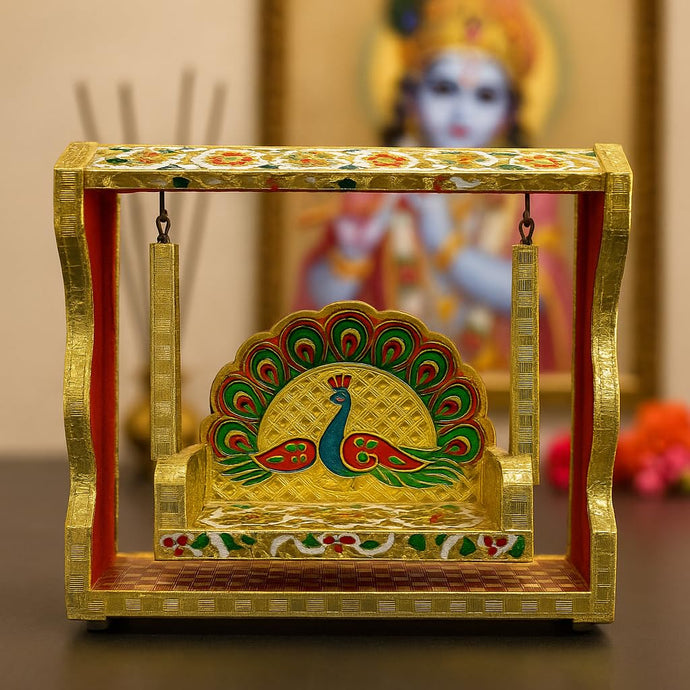 Anshika International Beautiful Wooden Handicraft Peacock Meenakari Jhula for Laddu Gopal/Bal Gopal Idol/Krishana Jhula/Jhoola/Laddu Gopal for Home Temple (8.5 inch|White)