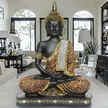 Load image into Gallery viewer, Global Grabbers New 25 Centimetre Meditating Sitting Buddha Statue showpiece Idol Home Decor Items for Living Room and Gifts (1, Orange Black)
