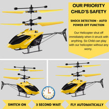 Load image into Gallery viewer, KIDZYMON® RC Helicopter with Hand Gravity Sensor, Flying Remote Control Helicopter Toy, Chargeble, 3D Light &amp; Safety Sensor for Kids Age 4+ Years I Pack of 1 (Yellow)
