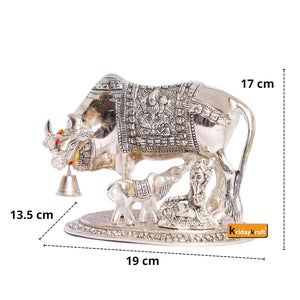KridayKraft Kamdhenu Cow,Calf with Bal Gopal Krishna Metal Statue for Good Luck,Feng Shui As Table Top Figurine,Vastu,Religious Gau MATA Idol Home,Office&Table Decorative,Animal,17 Cm,13.5 Cm,Silver