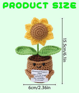 OXYGLOBE 15.5cm Crochet Sunflower, Crochet Plants Crochet Sunflower Crochet Doll Emotional Support Crochet Plant Doll Handmade Emotional Support Knitted Toy with Encourage Card