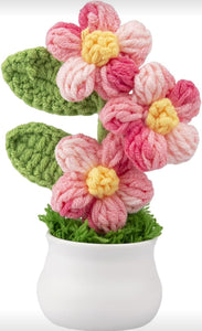 Crochet Flowers Artificial Daisy for Office Desk Car Dashboard Decor,Home Decoration, Office, Bedroom, Christmas Decor, Wedding,Diwali. (Triple Pink Daisy with Pot)