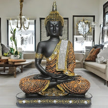 Load image into Gallery viewer, Global Grabbers New 25 Centimetre Meditating Sitting Buddha Statue showpiece Idol Home Decor Items for Living Room and Gifts (1, Orange Black)
