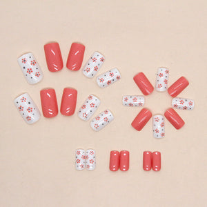 Peach with White shade and Flower Dots Print Press On Nails / False Nails / Ready to Wear Nails / Glue on Nails For Girls and Women - 14 Pcs