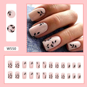 Black Leaves Design Premium shade Press On Nails / False Nails / Ready to Wear Nails / Glue on Nails For Girls and Women - 14 Pcs