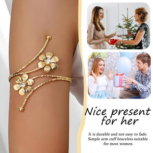 Arm Cuff Jewellery for Women, Elegant Gold Dual Flower Arm Bracelet, Stylish Upper Arm Accessory Perfect for Parties Weddings Evening Events
