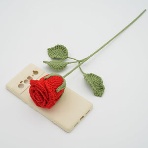 Handmade Crochet Rose with Leaves and Long Stem Best Gift for Valentine's Day＆New Year Suitable for Anniversaries Birthday Celebrations (Red, 2.5" Diameter)