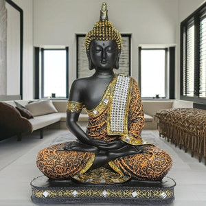 Global Grabbers New 25 Centimetre Meditating Sitting Buddha Statue showpiece Idol Home Decor Items for Living Room and Gifts (1, Orange Black)