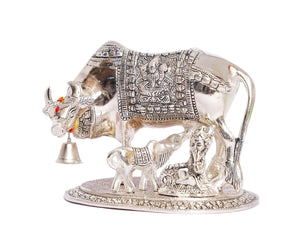 KridayKraft Kamdhenu Cow,Calf with Bal Gopal Krishna Metal Statue for Good Luck,Feng Shui As Table Top Figurine,Vastu,Religious Gau MATA Idol Home,Office&Table Decorative,Animal,17 Cm,13.5 Cm,Silver