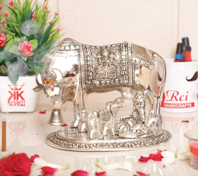 KridayKraft Kamdhenu Cow,Calf with Bal Gopal Krishna Metal Statue for Good Luck,Feng Shui As Table Top Figurine,Vastu,Religious Gau MATA Idol Home,Office&Table Decorative,Animal,17 Cm,13.5 Cm,Silver