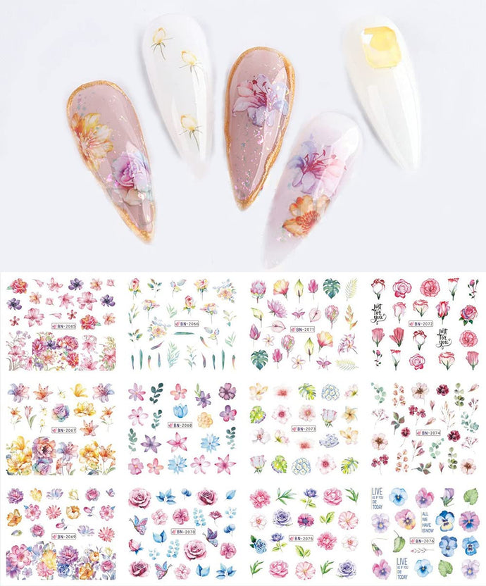 S.A.V.I 12 Sheets Water Transfer, Nail Fashion Sticker Decal, Rose Butterfly Leaf Flower DIY Manicure