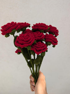 Handmade Crochet Red Roses Bouquet, Artificial Forever Flowers, Gift for Anniversary, Birthday, Valentine's Day