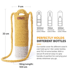 Crochet Sling Bottle Bag Handmade Cotton Water & Wine Bottle Holder (1 Litre) Eco-Friendly Reusable Gift Bag for Travel, Office, Picnic, Gym Yellow & Off White