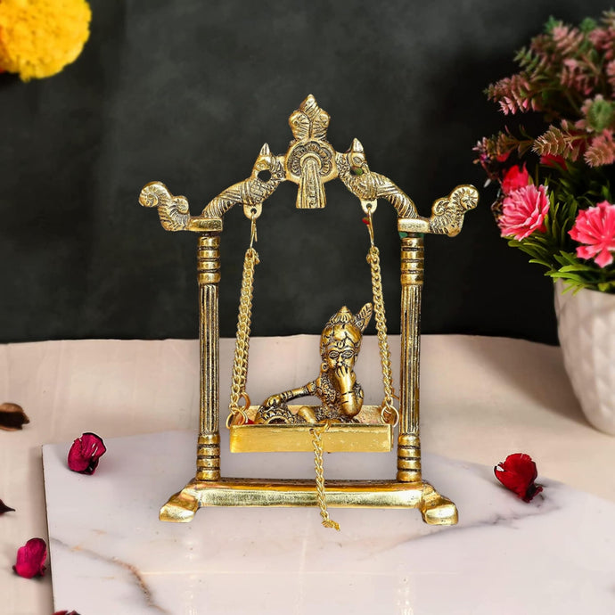CHHARIYA CRAFTS Metal Krishna Jhula Laddu Gopal on Jhula Palana for Home Office Metal Krishna Murti Showpiece Figurines Religious Idol Gift Article