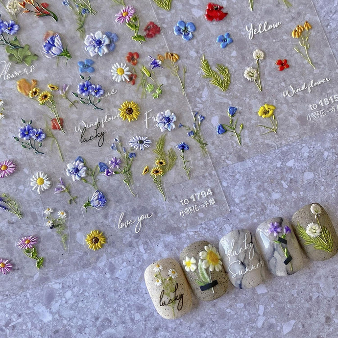 TRESTA Flower Nail Stickers - 5D Embossed Self-Adhesive Floral Nails Decals | Summer Flower Leaf Plant Designs for DIY Nail Art & Manicure | Nails Accessories for Women & Girls